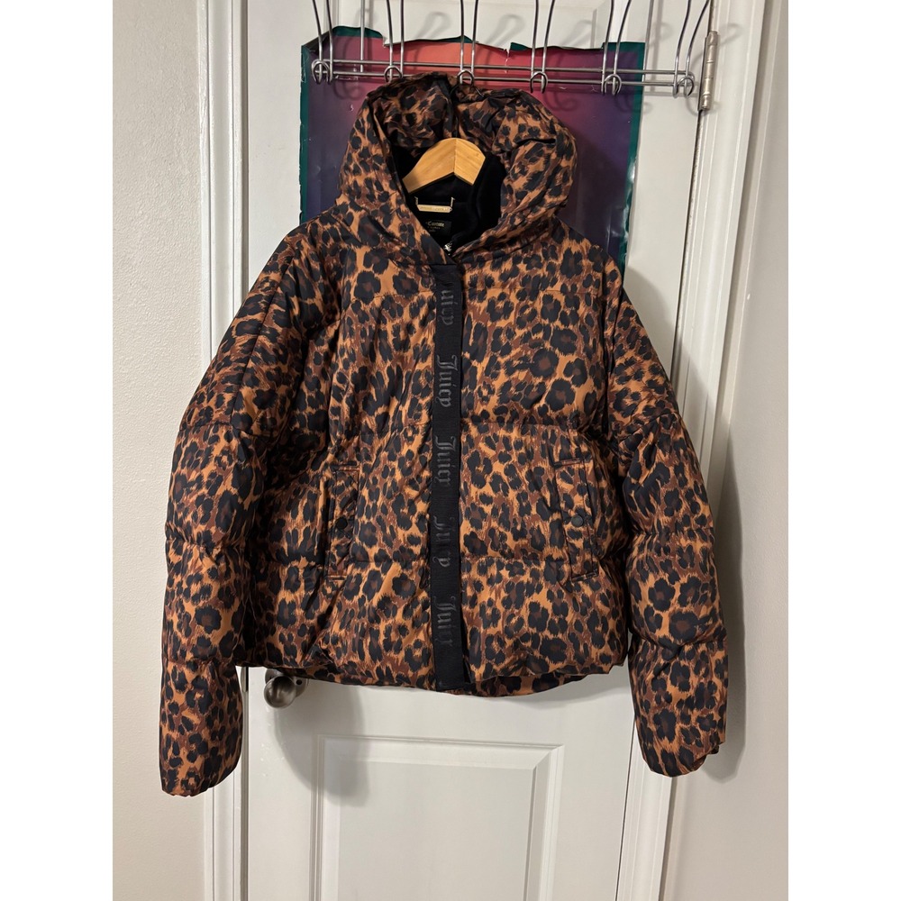 Juicy Couture Black Label Leopard Puffer Jacket XL Hooded Velour Lined y2k